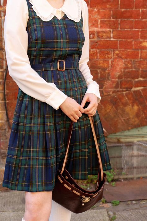 Pinafore – Miss Patina Colour Combination With Yellow, Tartan Dress Outfit, Combination With Yellow, Tartan Clothing, Miss Patina, Tartan Fashion, Academia Clothes, October Fashion, Academia Style