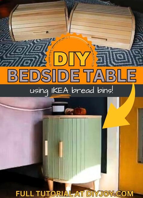 Breadbox Nightstand, Narrow Bedside Table Ideas Diy, Bread Box Nightstand, Bread Bin Side Table, Ikea Bread Bin Side Table, Ikea Bread Box Hack, Diy Bedside Table Easy, Alternative Bedside Table Ideas, Diy Bed Side Table