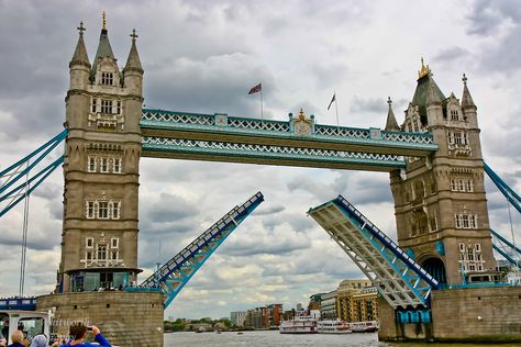 A rare view of Tower Bridge in London with the lift bridge in the raised position London England Aesthetic, London Travel Photos, London Travel Photography, Lift Bridge, London Tower Bridge, London England Travel, Game Map, England Aesthetic, London Tower