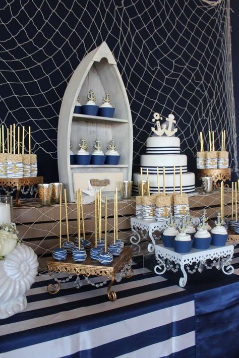 Nautical Wedding Party Ideas | Photo 11 of 13 | Catch My Party Navy Party, Nautical Bridal Showers, Nautical Birthday Party, Decoration Birthday Party, Nautical Themed Party, Decoration Evenementielle, Boy Baby Shower Ideas, Nautical Wedding Theme, Crab Boil