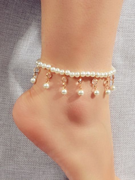 Multicolor Glamorous   Plastic  Anklet Embellished   Jewelry Beautiful Anklet, Foot Bracelet, Pearl Anklet, Ankle Jewelry, Y2k Jewelry, Women Anklets, Sterling Silver Anklet, Pearl Decor, Ankle Chain