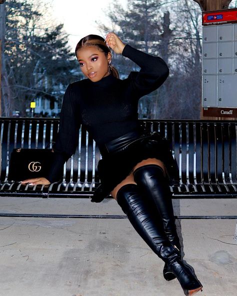 Toni Olaoye on Instagram: “Beauty comes of all things ❄️ I took a two month break from YouTube to reduce my mental stress but I’m back with a BRAND NEW VIDEO! Click…” Leather Jacket Outfit Black Women, Outfits With Leather Jackets, Cropped Leather Jacket Outfit, Black Leather Boots Outfit, Outfits With Thigh High Boots, White Leather Jacket Outfit, Black Thigh High Boots Outfit, Black Knee High Boots Outfit, White Moto Jacket