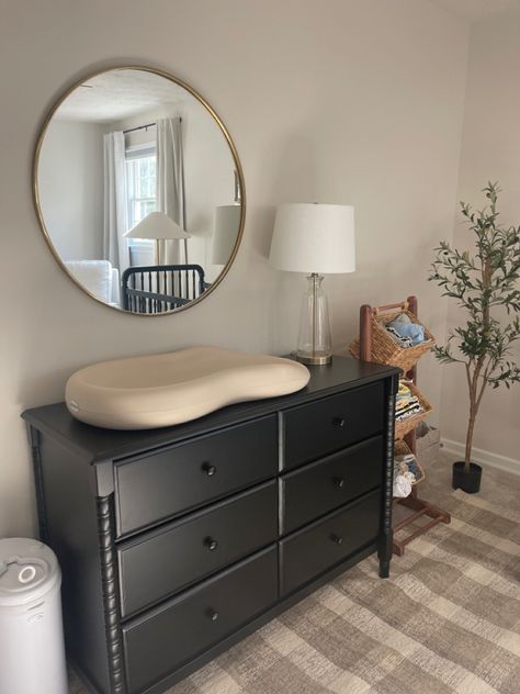 Black nursery furniture, gender neutral, nursery inspo Nursery With Black Dresser, Black Dresser Nursery Baby Boy, Black Dresser Nursery, Black And Gray Nursery, Black Furniture Nursery, Black Nursery Furniture, Simple Nursery Room, Black Crib Nursery, Black Nursery Ideas