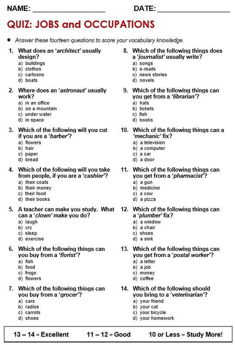 This ESL quiz contains 14 questions about jobs and work to practice related vocabulary. Jobs Worksheet, Types Of Jobs, Career Test, Materi Bahasa Inggris, English Grammar For Kids, Vocabulary Quiz, Grammar Quiz, Grammar For Kids, English Teaching Resources