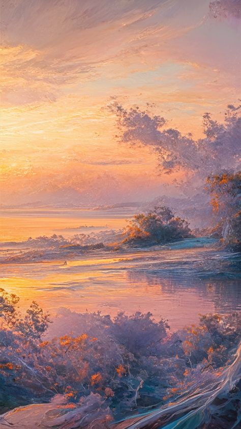 Experience the breathtaking beauty of dawn with our stunning sunrise wallpaper. Soft hues of orange, pink, and purple illuminate a calm sea, reflecting nature's vibrant colors. Inspired by Impressionism and Art Nouveau, this artwork captures the peace and renewal of a new day. Perfect for nature lovers and art enthusiasts, this wallpaper brings tranquility to your space. Keywords: sunrise wallpaper, landscape art, Impressionism, Art Nouveau, nature. Dreamy Sunset Aesthetic, Peach And Blue Aesthetic, Impressionism Wallpaper, Art Nouveau Nature, Sunrise Purple, Sunrise Wallpaper, Sunrise Aesthetic, Calm Sea, Wallpaper Soft