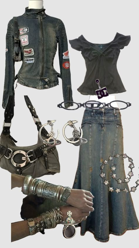 outfit fashion denim silver long skirt vivienne westwood Westwood Outfit, Vivienne Westwood, Long Skirt, Skirt, Silver, Clothes