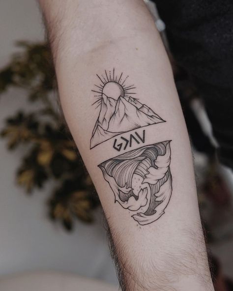 God Is Greater Than The Hills And Valleys Tattoo, Christian Geometric Tattoo, Made By God Tattoo, God Above The Highs And Lows Tattoo, High And Low Tattoo, God Is Bigger Than The Highs And Lows, Christian Patchwork Tattoo Ideas, Large Christian Tattoos, Christian Based Tattoos