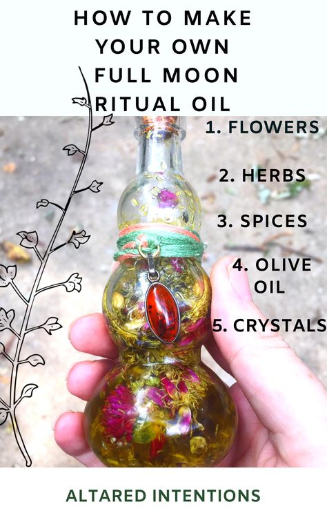 A simple recipe to make your own Full Moon Ritual Oil, for anointing candles, crystals, and even yourself during rituals #rituals #oil #spells #magick #fullmoon #witch #crystals Intention Oil Recipes, Ritual Oil Recipes, Full Moon Herbs, Oil Spells, Witch Crystals, Spell Bottles, Candles Crystals, Moon Spells, Jar Spells