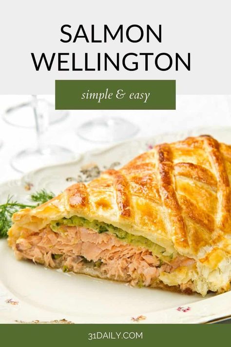 If you are looking for Christmas dinner ideas, this Salmon Wellington is a simple yet elegant dinner recipe to make for the holidays! A tender salmon fillet topped with a spinach mushroom filling and baked in puff pastry. A spectacularly beautiful dish yet incredibly easy to make! Salmon Terrine Recipes, Salmon Wellington Recipe, Salmon Terrine, Salmon Wellington, Mushroom Filling, Terrine Recipe, Wellington Recipe, Spinach And Mushrooms, 31 Daily