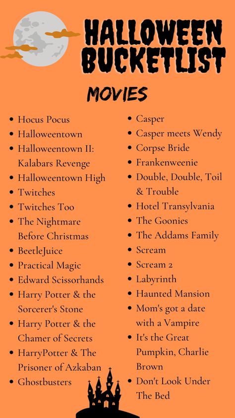 Just a list of movies to get you through this season! Fall Scary Movie List, Halloween Movies To Watch With Friends, Halloween Plans With Friends, Classic Halloween Movies List, Favorite Movies List, October Movie List, Fall Movies List, Top 10 Halloween Movies, Movie Night Halloween