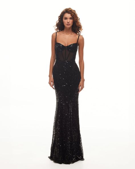 Sensational black maxi on spaghetti straps covered in sequins, Smoky Quartz Black Glitter Dress Long, Black Sparkly Prom Dresses, Glittery Black Dress, Black Sequin Prom Dress, Black Maxi Gown, Milla Dresses, Black Sequin Gown, Flow Dress, Black Lace Gown