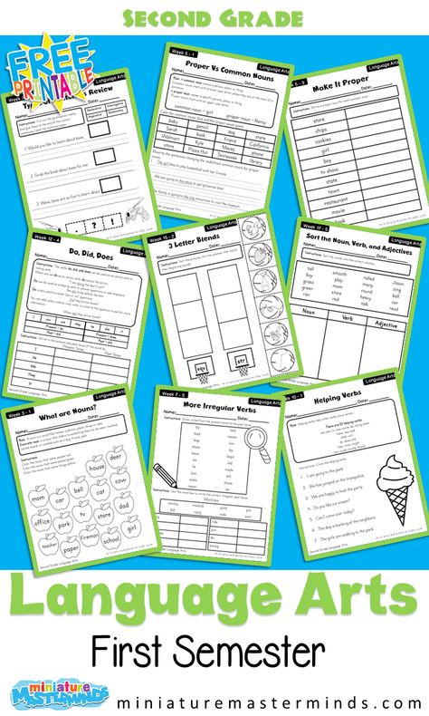 Second Grade Language Arts First Semester 18 Weeks Workbook Free Printable – Miniature Masterminds Second Grade Curriculum Lesson Plans, Second Grade Language Arts Worksheets Free, Homeschool Themes Weekly 2nd Grade, Language Arts For 2nd Grade, 3rd Grade Language Arts Worksheets Free Printable, 2nd Grade Math Standards, Second Grade Free Printable Worksheets, Second Grade Language Arts Worksheets, 2nd Grade Free Printables