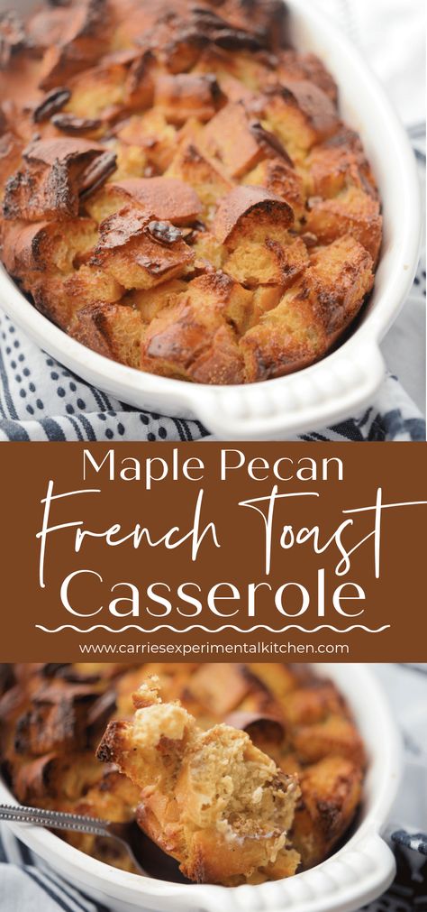 French Toast Casserole made with Italian bread cubes combined with eggs, maple syrup, pecans and nutmeg makes a delicious breakfast. #breakfast #frenchtoast #casserole Maple Syrup French Toast, French Toast Casserole With Pecans, Pecan French Toast Casserole, Pecan French Toast, Baked Meals, Indulgent Recipes, Baked Recipes, French Toast Casserole Recipes, Baked Oatmeal Recipes