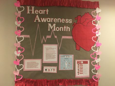 Heart Awareness Month Ideas, Heart Awareness Month Bulletin Board, Heart Health Month Bulletin Board, Heart Health Bulletin Board Ideas, Go Red For Women Ideas Heart Health Decorations, Heart Health Bulletin Boards, Heart Month Bulletin Board, School Nurse Door, Heart Awareness Month