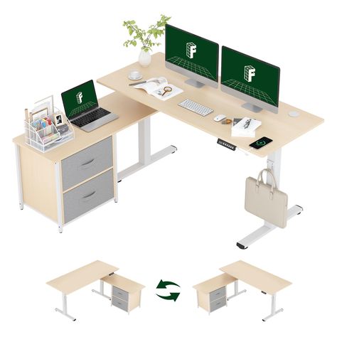 PRICES MAY VARY. LARGE & SPACIOUS WORKSPACE: Expansive 55'' x 23.6'' desktop offers more ample workspace. This L shaped standing desk provides spacious workstation for writing, studying, gaming and other home office activities, you can tackle tasks with ease and efficiency. REVERSIBLE STORAGE DRAWERS: This computer desk has two spacious drawers or shelves for storage. This desk with drawers is reversible that can be installed on either left or right. The shelves/drawers allow you to store differ Varidesk Home Office, At Home Office Ideas Small Spaces, Apartment Office Ideas, Home Office With Standing Desk, Office With Standing Desk, Eloise Bedroom, Adjustable Desk Home Office, Standing Desk With Storage, L Shaped Standing Desk