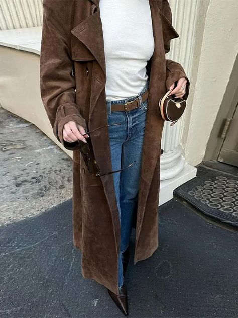 Retro Brown Double-breasted With Belt Long Coat Women Fashion Faux Leather Lapel Oversize Jacket