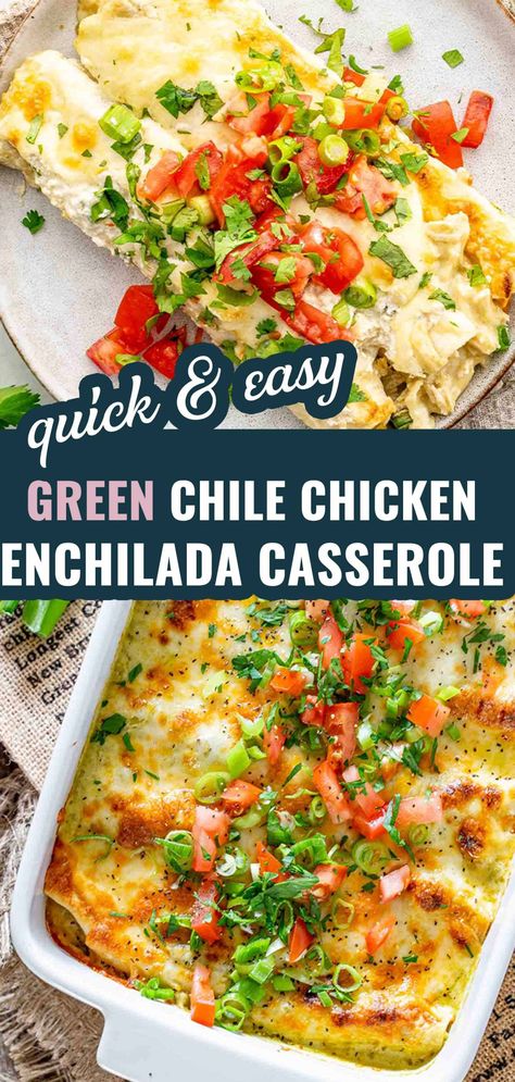 Whip up this Quick and Easy Green Chile Chicken Enchilada Casserole in just 30 minutes! Creamy, cheesy, and perfect for dinner. #OnePotMeals #EasyRecipes Green Chili Chicken Enchiladas Casserole, Best Chicken Enchilada Casserole, Enchilada Casserole Healthy, Healthy Chicken Enchilada Casserole, Chicken Enchilada Casserole Easy, Enchilada Casserole Chicken, Green Enchilada Casserole, Chicken Enchiladas With Green Sauce, Green Chili Chicken Enchilada Casserole