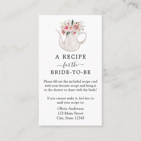 Tea Bridal Shower Recipe Request Enclosure Card for $0.35 - Bridal Shower Invitations Bridal Shower Recipe Request, Tea Bridal Shower, Tea Bridal Shower Invitations, Bridal Shower Recipe, Spring Bridal Shower, Elegant Bridal Shower, Bridal Shower Food, Bridal Shower Tea, Tea Party Garden