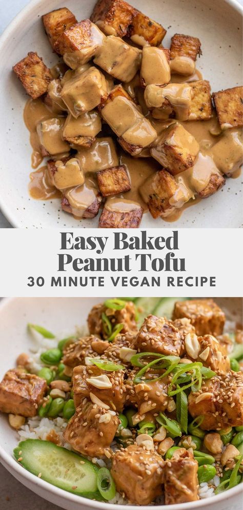 Easy Baked Peanut Tofu, the perfect beginner vegan recipe that’s ready to eat in 30 minutes. Crispy baked tofu tossed in a savory and tangy peanut sauce. Broke Vegan Meals, Peanut Tofu Recipes, Firm Tofu Recipes Easy, Low Carb Tofu, Easy Tofu Recipes, Vegan Tofu Recipes, Easy Vegan Recipes For Beginners, Beginner Vegan, Peanut Tofu