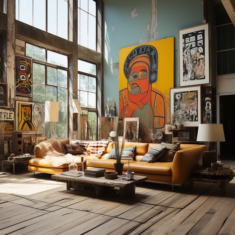 A visually stunning Eclectic Artist's Loft featuring a blend of boho and modern design elements, tailored to inspire and captivate the artist in you. Industrial Artist Loft, Boho Loft Apartment, Nyc Loft Apartment, Manifest 2024, Ny Loft, Eclectic Loft, Chic Loft, Office Idea, Art Loft