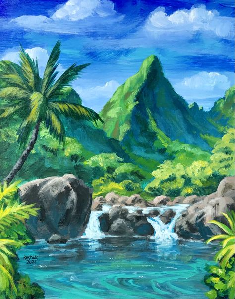 Acrylic Painting Tropical, Hawaii Acrylic Painting, Hawaii Landscape Painting, Tahiti Painting, Hawaii Painting Easy, Tropical Painting Easy, Tropical Painting Ideas, Watercolor Hawaii, Hawaii Drawing