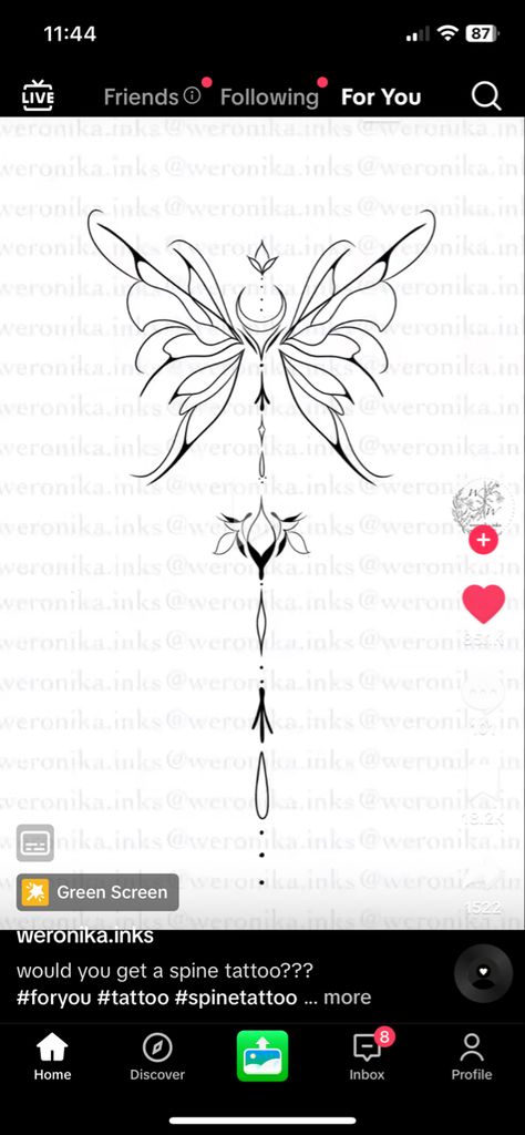 Spine Tattoos With Wings, Angel Wings Spine Tattoo, Spine Tattoo With Wings, Spine Tattoos With Butterflies, Fairy Spine Tattoo, Minimalistic Spine Tattoo, Wing Spine Tattoo, Spinal Tattoos For Women, Wings Spine Tattoo