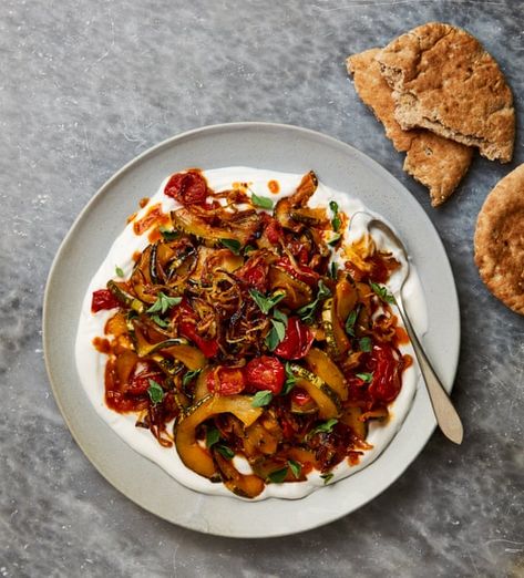 Meera Sodha's vegan recipe for slow-cooked marrow borani | Vegan food and drink | The Guardian Marrow Recipe, Roast Tomatoes, Meera Sodha, Summer Squash Recipes, Iranian Recipes, Moroccan Food, Persian Food, Squash Recipes, Middle Eastern Recipes