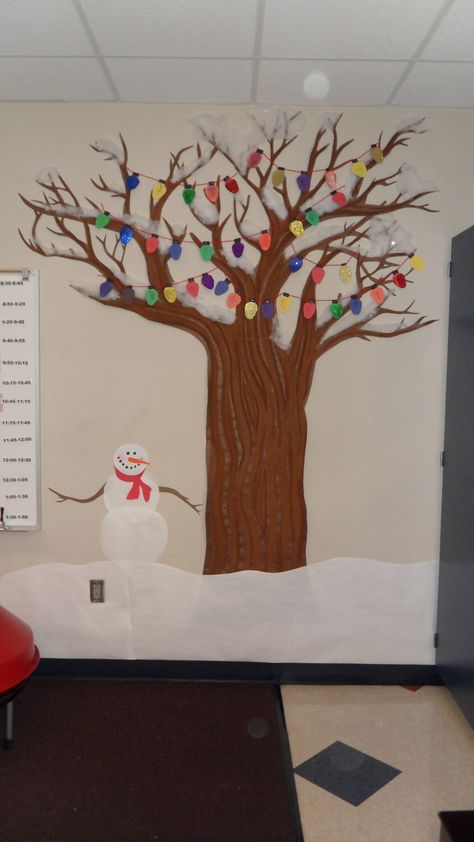 Seasonal tree decorated for winter. The students made the Christmas lights. Winter Tree Classroom Decoration, Winter Tree Bulletin Board Ideas, Winter Tree Bulletin Board, Winter Themed Doors For School, Classroom Christmas Tree, Good Haircuts, School Hallway Decorations, Winter Classroom Door, Bulletin Board Tree