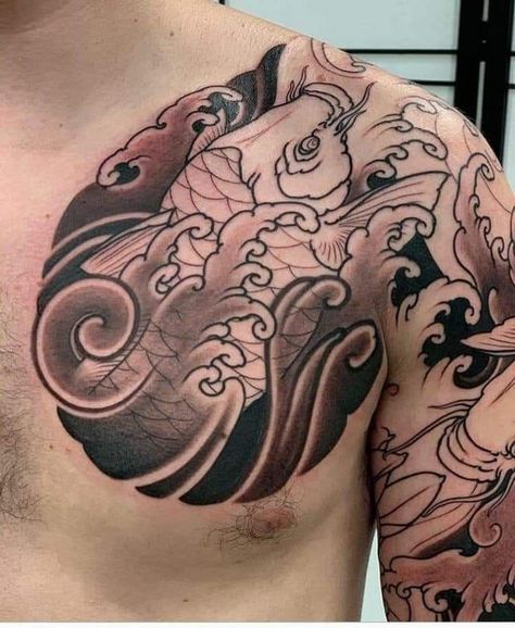 Fish Tattoo Japanese, Japanese Koi Tattoo, Chest Tattoo Japanese, Dragon Koi Tattoo Design, Nautical Tattoo Sleeve, Japanese Koi Fish Tattoo, Koi Tattoo Sleeve, Tato Ikan Koi, Dragon Tattoo Sketch