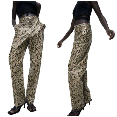 Zara High Rise Snakeskin Animal Print Faux Leather Straight Leg Trousers Pants Waist 13" Rise 11" Inseam 30" Brand New Without Tags Tan Snake Skin Pants, Purple Pajama Pants, Zara Leather Pants, Zara Leggings, Zara Trousers, Black Harem Pants, Straight Cut Pants, Metallic Pants, Zara Jumpsuit