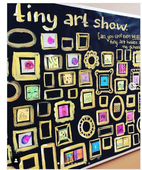 Classroom Art Work Display, Art Club Painting Ideas, Interactive Art Ideas Activities, Artwork Display Bulletin Boards, Gallery Wall Bulletin Board, Art Back To School Bulletin Board, Collaborative Art Bulletin Boards, Open House Ideas For Art Teachers, Art Class Themes