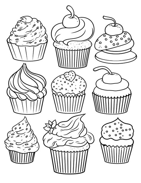 Dessert Galore: An assortment of different cupcakes and other desserts spread out. (Free Printable Coloring Page for Kids) Cupcake Coloring Pages Free Printable, Coloring Pages Easy, Pinterest Valentines, Cupcake Coloring Pages, Frog Coloring Pages, Food Coloring Pages, Valentine Coloring Pages, Dragon Coloring Page