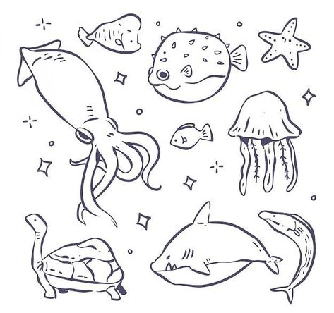 Doodle Art Sea Animals, Cute Things To Draw Animals, Ocean Doodle Art, Doodle Art Sea, Ocean Animals Doodles, Marine Animal Doodles, Cute Marine Animals Drawing, See Animals Drawing, Sea Animals Doodle