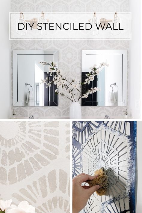 Want a beautiful feature wall without dealing with the hassle of wallpaper? Try stenciling a wall! This DIY tutorial will walk you through what you need to know to beautifully stencil a wall in a weekend. Paint Stencils For Walls Bathroom, Wall Stencil Patterns Bathroom Simple, Tone On Tone Wall Paint Stencil, Faux Wallpaper Paint Stencil, Kitchen Accent Wall Wallpaper, Bathroom Paint Stencil Ideas, Easy Wall Papering Ideas, Sharpie Stencil Wall, Stincles Design Wall