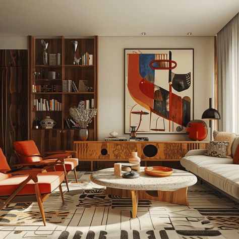 Arts And Crafts Interiors Living Rooms, Modern Mid Century Architecture, Mid Century Interior Living Room, Midcentury Interior Design Living Room, Eclectic Modern Interior, American Contemporary Interior, Art Deco And Mid Century Modern, Mid Century Carpets, Living Room Sideboard Decor Ideas