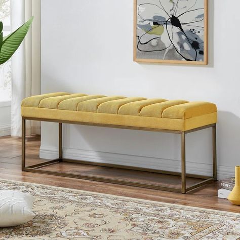 Everly Quinn Georgenia 100% Polyester Upholstered Bench & Reviews | Wayfair Yellow Bench, Grey Bed, Yellow Furniture, Hallway Bench, Fabric Bench, Daybed Sofa, Linen Upholstery, Outdoor Dining Furniture, Kitchen Inspo