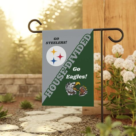 House Divided Football Garden Flag, Football decoration, NFL Teams, Football and Fall decorations. Football Garden, House Divided Football, Football Flag, Go Eagles, Sports Flags, Go Steelers, Football Decorations, House Divided, Flag Football