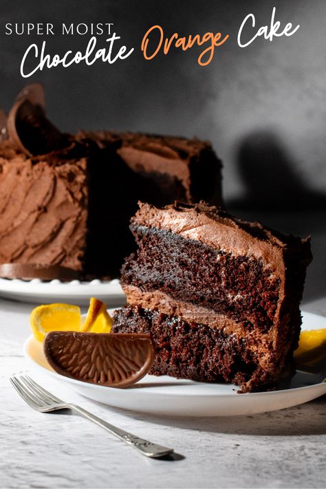 Chocolate orange cake on a white plate with a slice in the foreground. Orange Chocolate Bundt Cake, Terry's Chocolate Orange Cake, Vegan Chocolate Orange Cake, Dark Chocolate Orange Cake, Recipes With Oranges, Orange Chocolate Cake Recipe, Sultana Cake, Liquor Cake, Chocolate Orange Cake