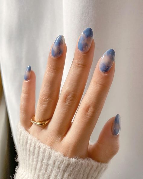 Dark Dusty Blue Nails, Dusty Blue Floral Nails, Dusty Blue Nails, Hairstyles Dinner, Blue Wedding Nails, Cleaning Aesthetic, Blue Prom Nails, Hoco Nails, Blue And White Nails