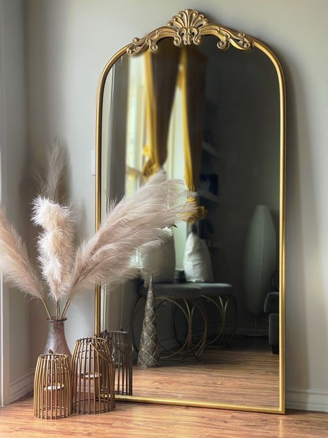 Gold Leaner Mirror, Gold Mirror For Bedroom, Tall Gold Mirrors, Tall Mirror Gold, Gold Floor Mirror Decor, Gold Floor Mirror Bedrooms, Full Length Mirror Entryway Boho, Large Room Mirror, Vintage Gold Body Mirror