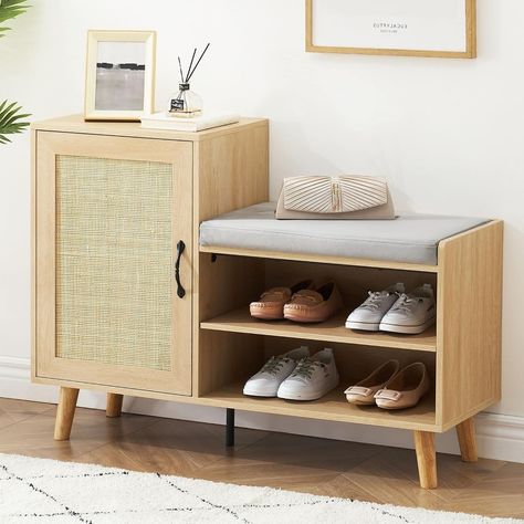 2-in-1 Shoe Storage Bench with Rattan Door Adjustable Shelves - On Sale - Bed Bath & Beyond - 39982918 Rattan Shoe Cabinet, Shoe Rack Hallway, Shoe Storage Bench Entryway, Shoe Cabinets, Shoe Rack Bench, Shoe Storage Bench, Entryway Shoe Storage, Shoe Rack Organization, Entryway Shoe