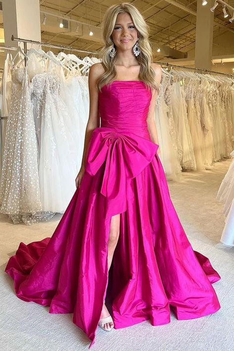 Prom Dress With Bow, Satin Long Prom Dress, Prom Dress With Split, Prom Dress With Train, A Line Prom Dress, Dress With Split, A Line Prom Dresses, Elegant Chic, Blue Satin