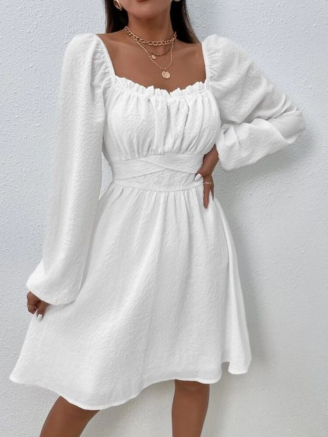 Tweed Frill Trim Knot Back Dress | SHEIN ASIA Tied Dress, High Waist Dress, Hem Design, Ruffle Hem Dress, Puffed Sleeves Dress, Vestido Casual, Daily Dress, Evening Gowns Formal, White Tie