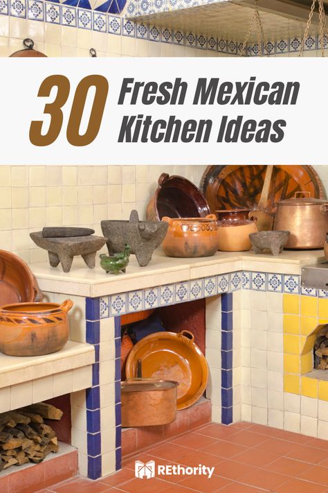 Do you want to bring a touch of Mexican flavor to your kitchen? With these 30 fresh Mexican kitchen ideas, your kitchen can be bursting with authentic Mexican flavors, from classic tortillas to modern margaritas! Whether you're looking for a traditional Mexican meal or a fun twist on a classic, these ideas are sure to please! Mexican Countertops, Talavera Kitchen Mexican Style, Mexican Colors Kitchen, Mexican Inspired Kitchen Decor, Mexican Restroom Ideas, Mexican Asthetic Homes, Mexico Kitchen Ideas, Traditional Spanish Kitchen, Mexican Rustic Kitchen