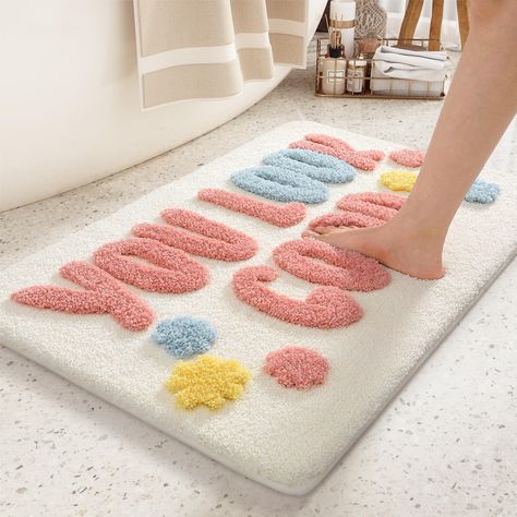 PRICES MAY VARY. COMFORT SOFTNESS: Step onto a cloud of premium thickness and softness with color&geometry bath mat; Our bathmat utilizes thousands of individual polyester shags and a unique material locking technique to ensure that the fluff is not only thick, but luxurious; Elevate your bathroom with a touch of luxury, offering both comfort and lasting functionality UNRIVALED WATER ABSORPTION: Crafted with soft shaggy fabric, our bathroom rug prevents any water from seeping onto your floors, w Bathroom College Apartment, Fun Bathrooms, Eclectic Bathroom Decor, Preppy Bathroom, Bathroom Decor Pink, Apartment Decor Aesthetic, Cute Bath Mats, Boho Bathroom Decor, Eclectic Bathroom