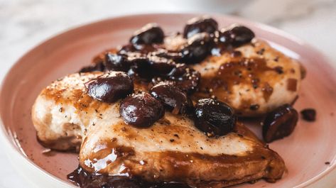 Perfectly juicy chicken breasts sit under a sauce made with fresh cherries and balsamic vinegar, a unique pairing that balances sweet, sour, and savory notes. Balsamic Sauce, Chicken Entrees, Balsamic Chicken, Frozen Cherries, Fresh Cherries, Food Dinner, Tasting Table, Juicy Chicken, Full Meal Recipes