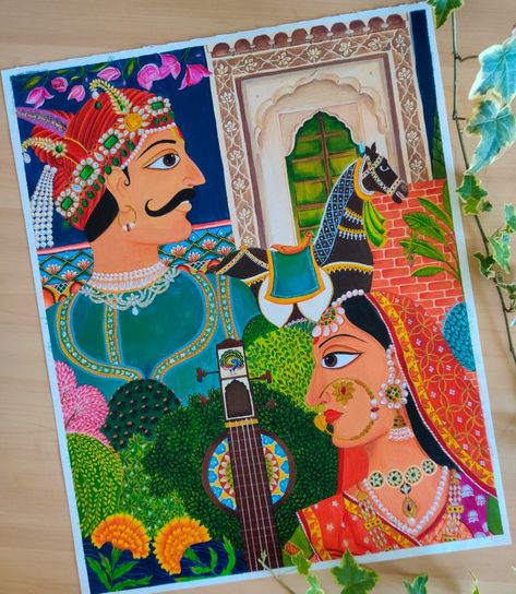 Rajasthani Couple Painting, Basohli Painting, Traditional Madhubani Art, Styles Of Painting, Regal Portrait, Mithila Art, Painting Couple, Shop Painting, Bright Artwork