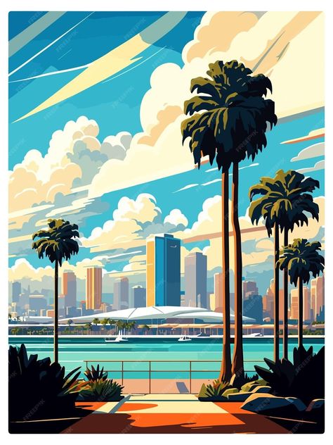 Premium Vector | San Diego California Vintage Travel Poster Souvenir Postcard Portrait Painting WPA Illustration San Diego Landscape, San Diego Poster, San Diego Vintage, California Illustration, San Diego Art, Vintage Postcards Travel, Wallpaper Ios, Iphone Wallpaper Ios, Poster City