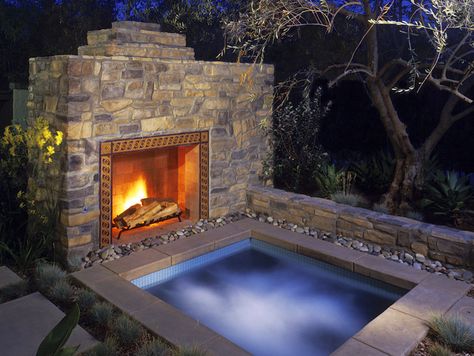 Hot tub-fireplace combo? I think it would be even more amazingfor it to be a double-sided fire place. Hot tub on one side, patio on the other with really comfy chairs and rockers! Hot Tub Designs, Outdoor Fireplace Designs, Pool Small, Hot Tub Garden, Tub Ideas, Outdoor Buildings, Front Yards, Outdoor Spa, Spa Design