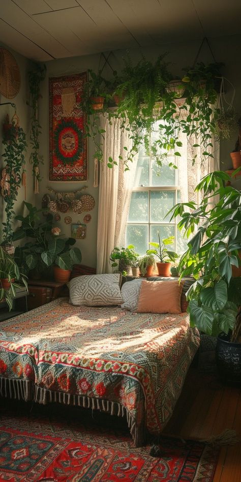 Bohemian Look Outfits, Bohemian Bedroom Decor Chic, Room Decor With Plants, Boho Plant Decor, Decor With Plants, Bedroom Accents, Bedroom Decoration Ideas, Earthy Home Decor, Boho Style Bedroom